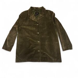 Men’s XXL Olive Green Suede Leather Jacket ISZ Leathers Button Front Coat Lined